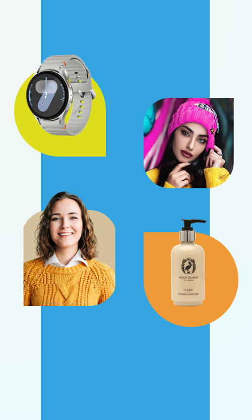 Collage featuring a wristwatch, a woman in a pink hat, a smiling woman in a yellow sweater, and a Duck Island lotion bottle on colorful backgrounds.