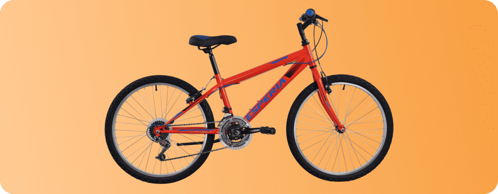 Orange Esperia mountain bike with black seat and tires on an orange background.