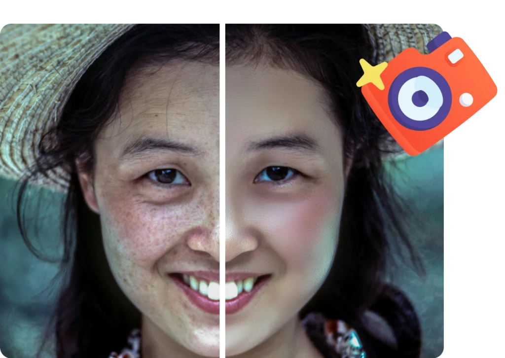 Side-by-side comparison of a woman's face before and after photo retouching, showing skin imperfections on the left and smooth, enhanced skin on the right.