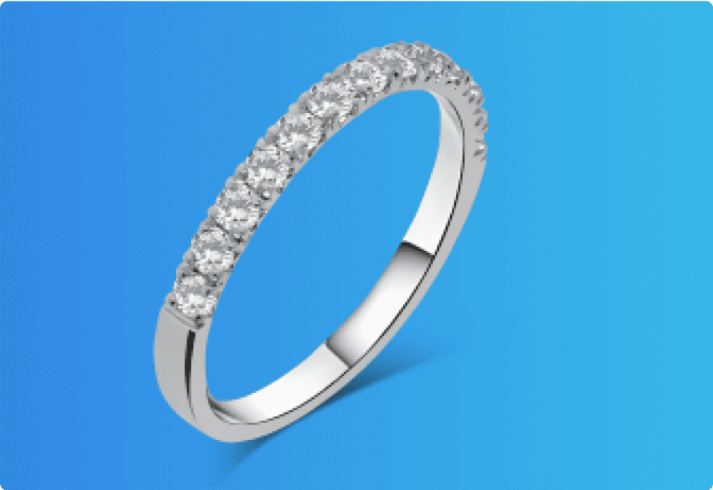 Elegant silver diamond band ring with rows of sparkling round-cut stones, displayed on a blue background.