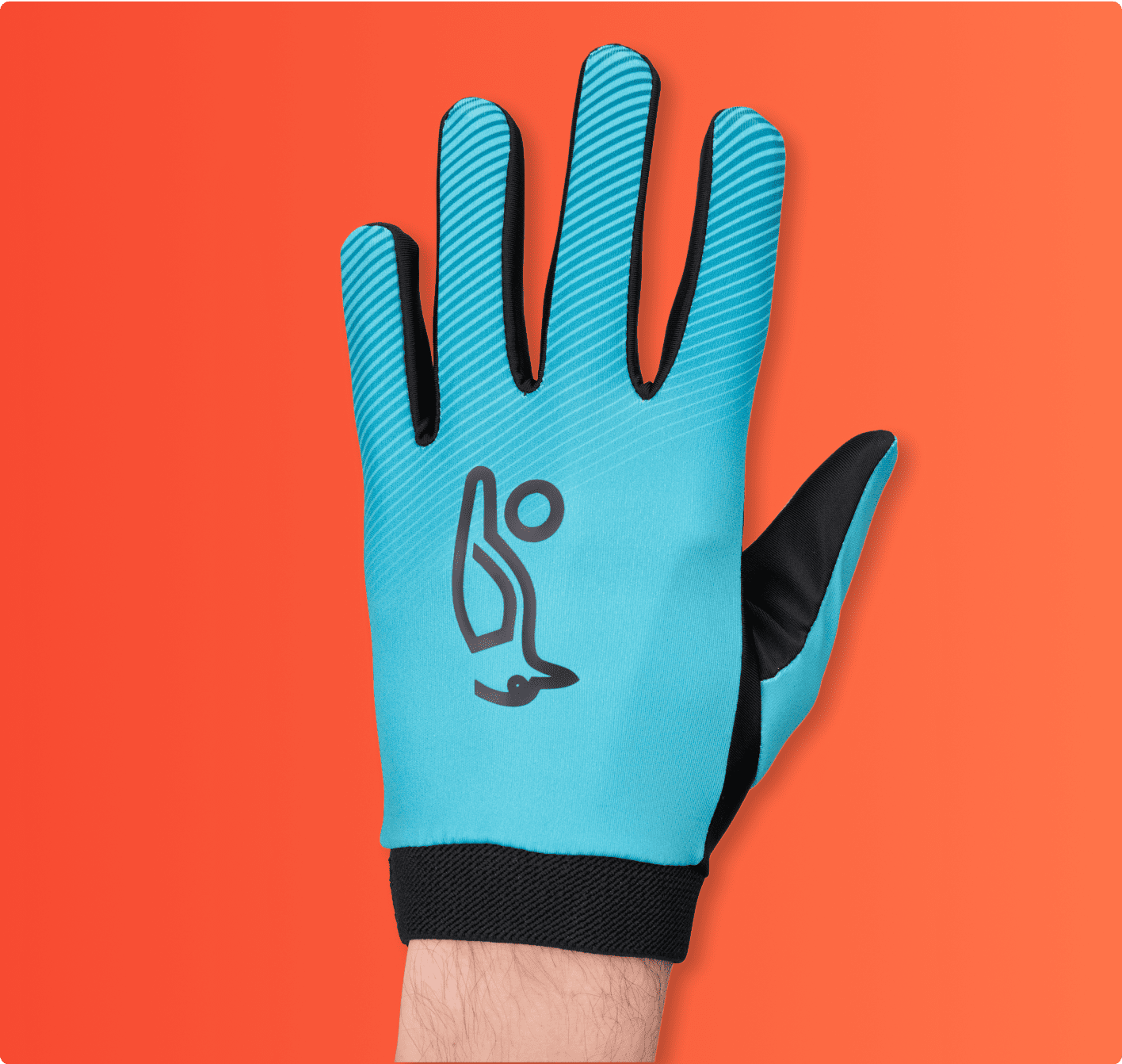 Blue sports glove with black palm and modern logo on an orange background.