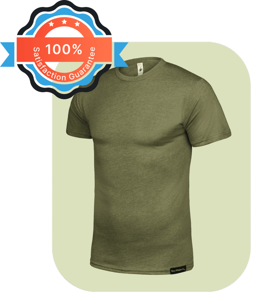 Olive green short-sleeve t-shirt displayed with ghost mannequin effect on a light green background with a 100% satisfaction guarantee badge.