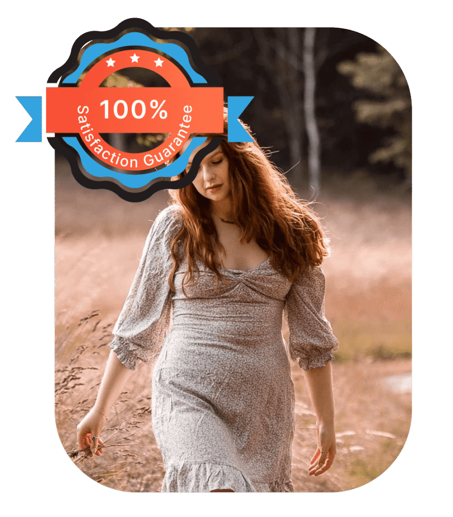 Woman in a light dress walking gracefully through a field with a 100% satisfaction guarantee badge overlay.