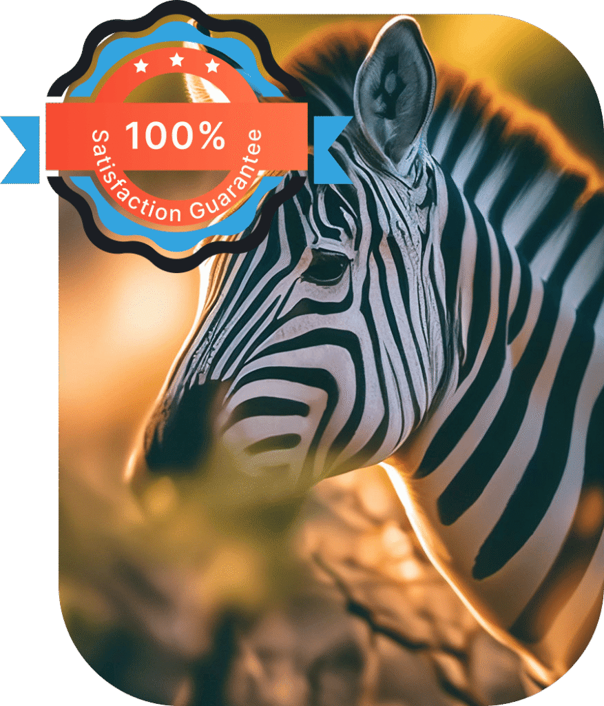 Close-up of a zebra in warm lighting with a "100% Satisfaction Guarantee" badge overlay.