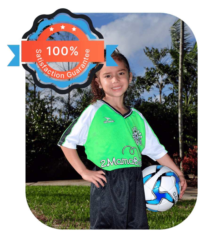 Smiling young girl in green soccer jersey holding a ball with a "100% Satisfaction Guarantee" badge overlay.
