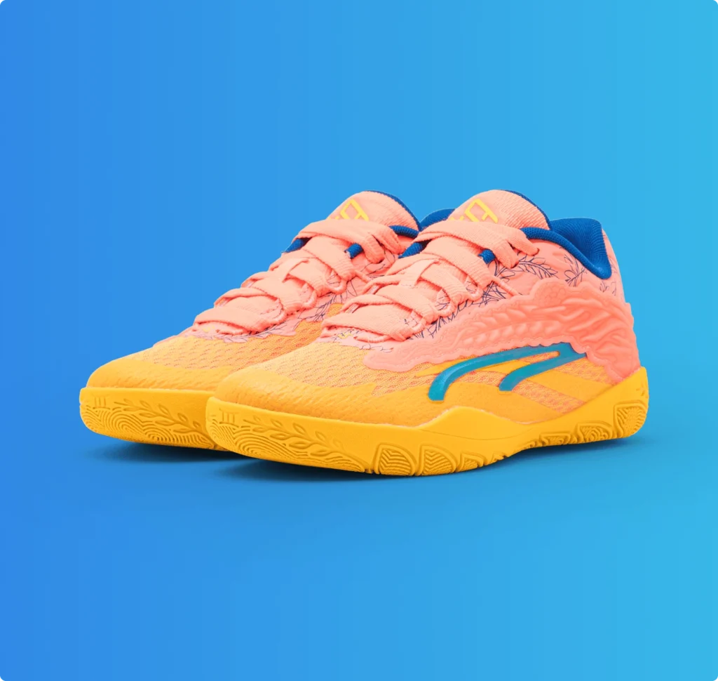 Bright orange and yellow sneakers with blue accents on a blue gradient background.