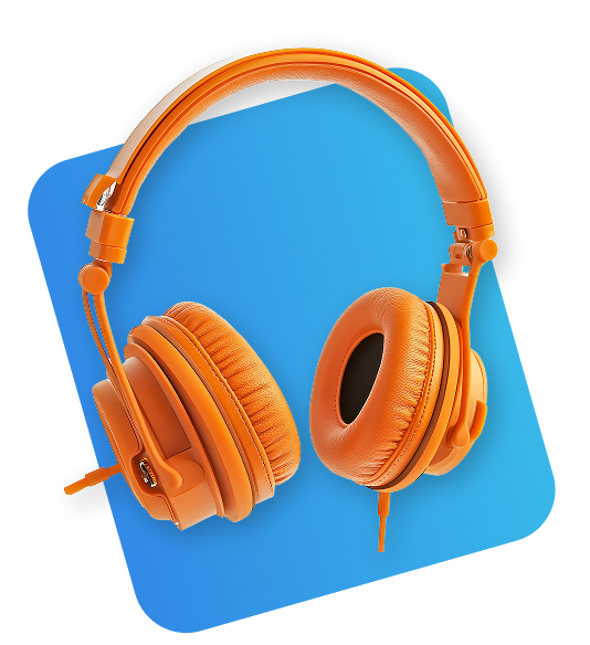 Bright orange over-ear headphones on a blue gradient background.