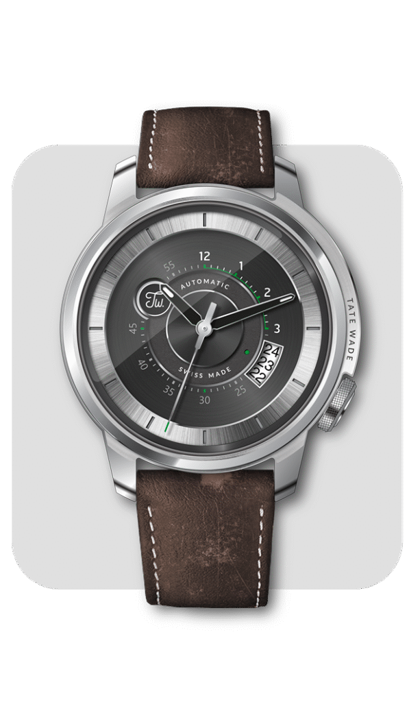 Luxury wristwatch with dark dial, silver casing, and brown leather strap on a light gray background.