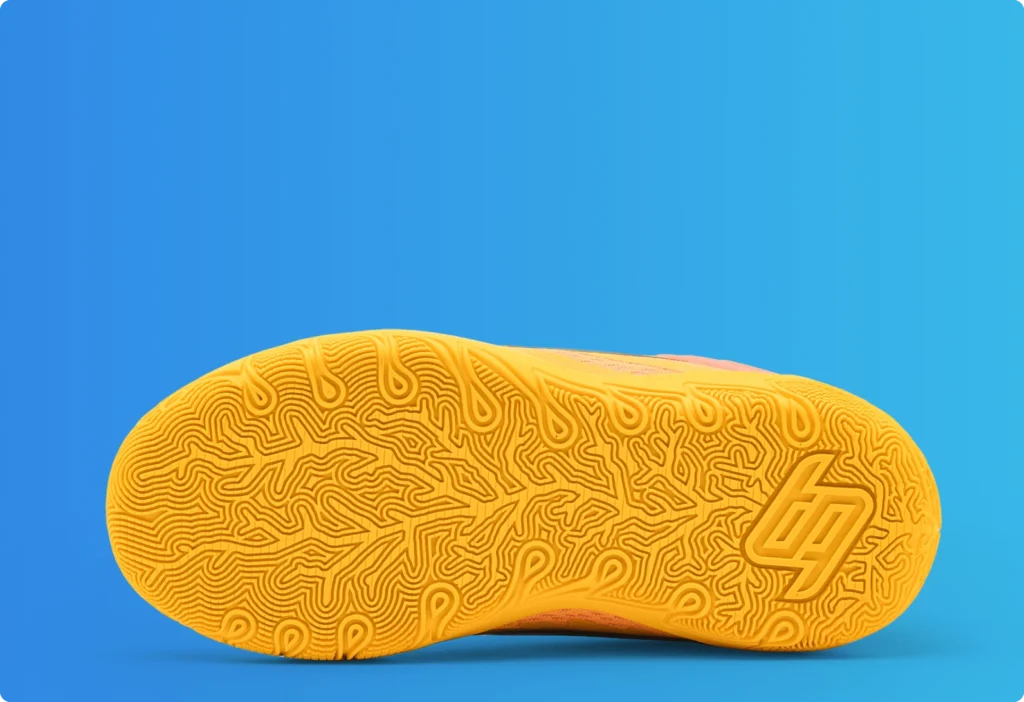 Close-up of yellow sneaker sole with textured grip pattern on a blue gradient background.