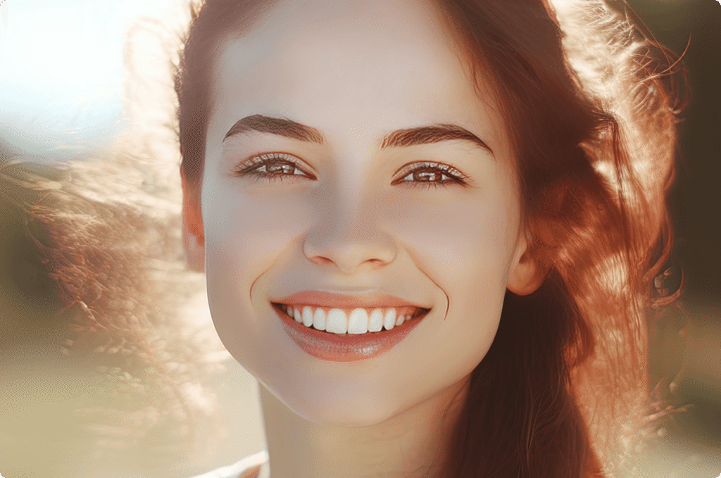 Close-up portrait of a young woman with glowing skin and a radiant smile, captured in warm natural light.