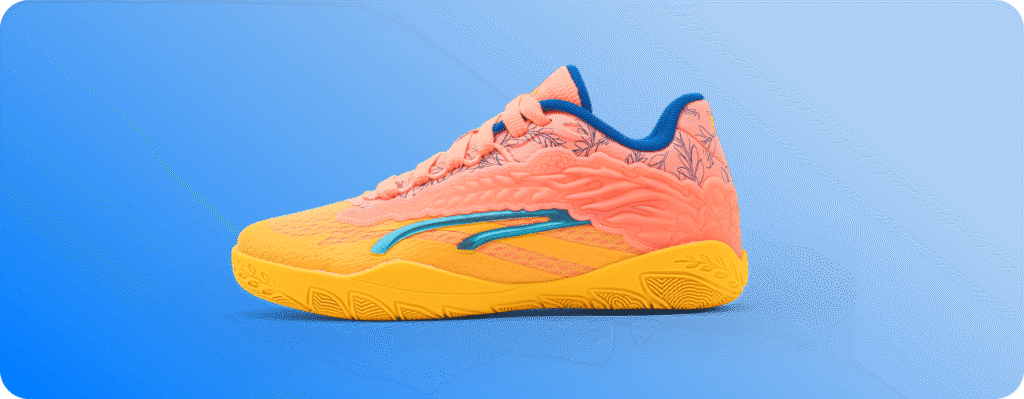 Bright orange and yellow athletic sneaker with blue accents on white background.