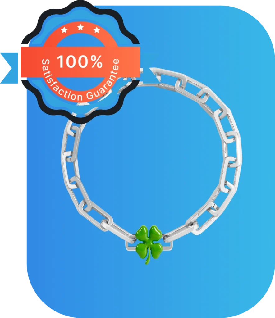 Silver chain bracelet with a green four-leaf clover charm, displayed on a blue background with a 100% satisfaction guarantee badge.
