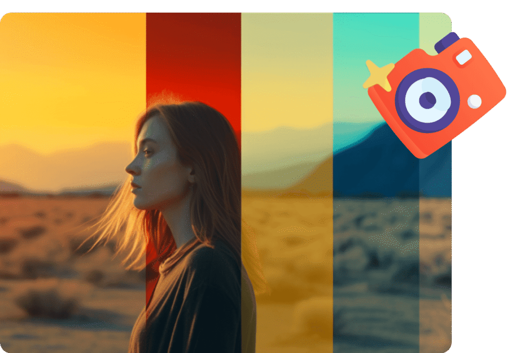 Artistic portrait of a woman in profile with multi-colored vertical overlays on a desert landscape background.