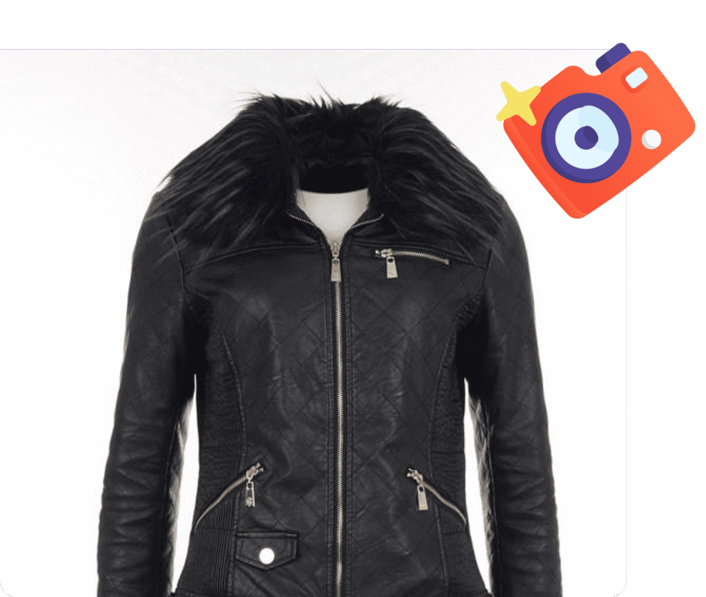 Black quilted leather jacket with faux fur collar and silver zipper details, displayed on a ghost mannequin with a camera icon overlay.