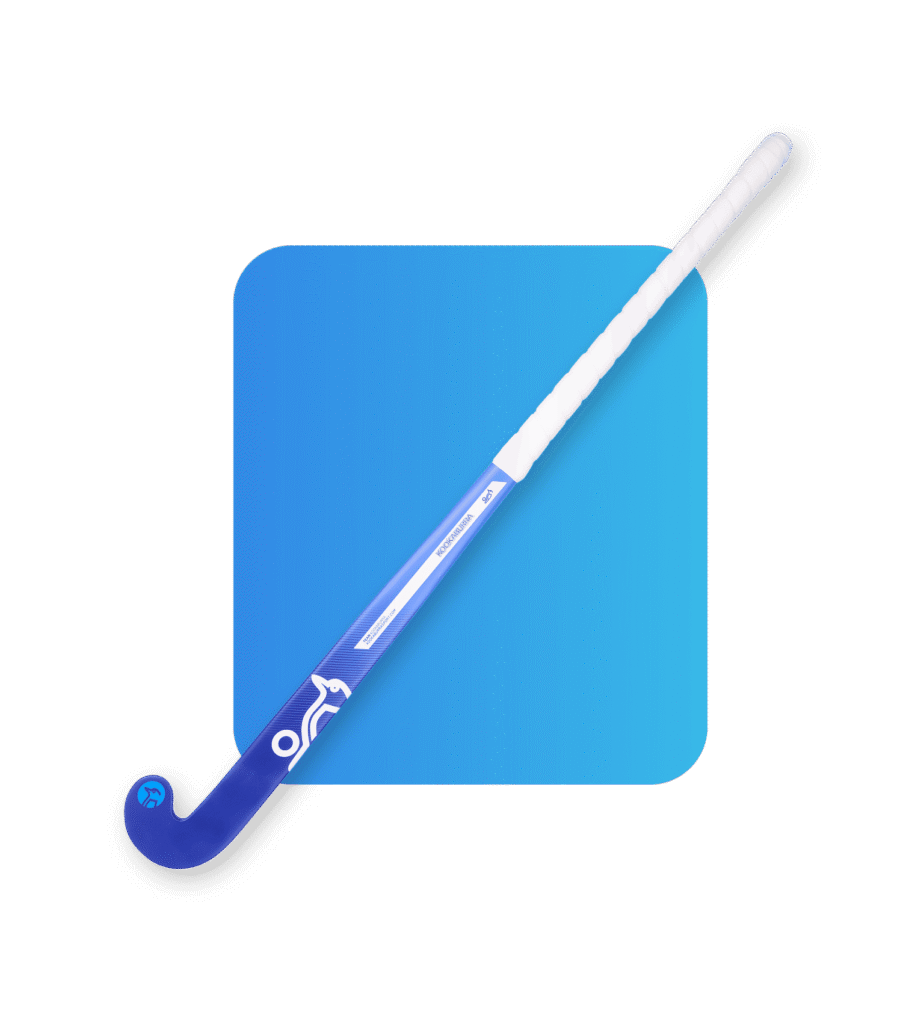 Blue field hockey stick with white grip handle on isolated background.