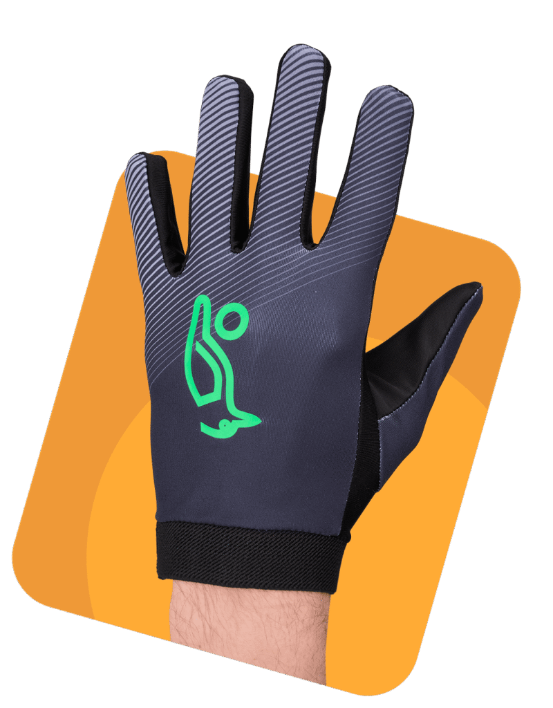 Black and gray sports glove with green logo on hand, isolated on background.