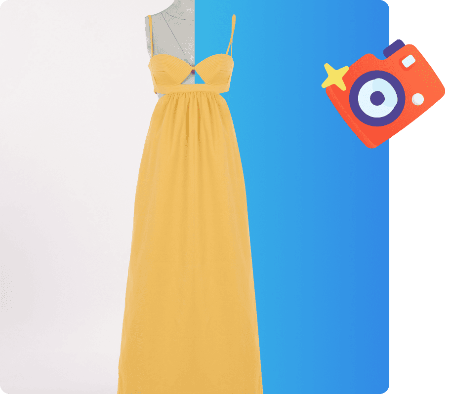 Yellow sleeveless maxi dress displayed on a mannequin, isolated on a split white and blue background.