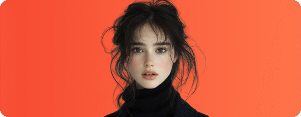 Young woman with loose hair wearing a black turtleneck, isolated on an orange background