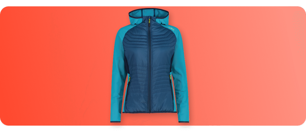 Blue and teal hooded sports jacket displayed with ghost mannequin effect on a red background