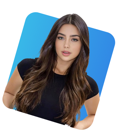 Portrait of a young woman with long brown hair wearing a black top on a blue background.