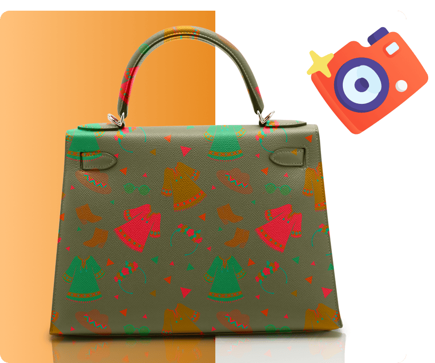stylish handbag with colorful fashion-themed patterns on a split orange and white background.