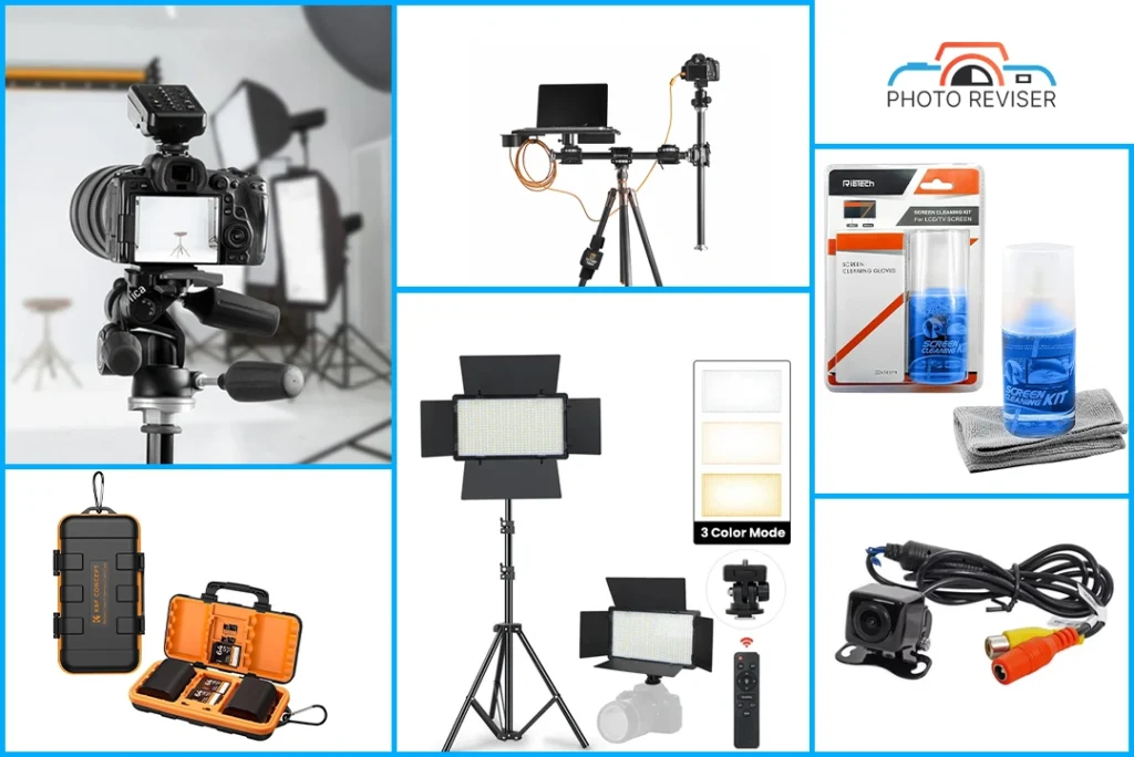 School photography gear checklist including cameras, lights, and cleaning kit