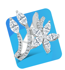 Silver diamond ring in floral design displayed on a blue background with background removal effect