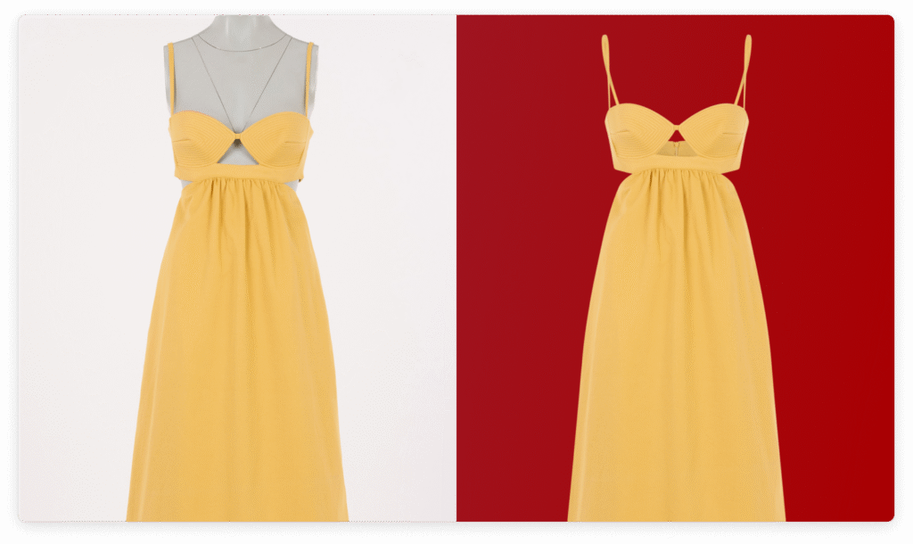 Yellow sleeveless dress shown on a mannequin and with ghost mannequin effect against white and red backgrounds