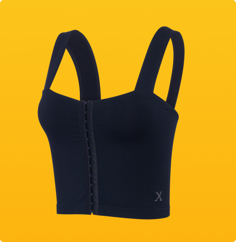 Black sleeveless crop top with front closure displayed using ghost mannequin effect on a yellow background