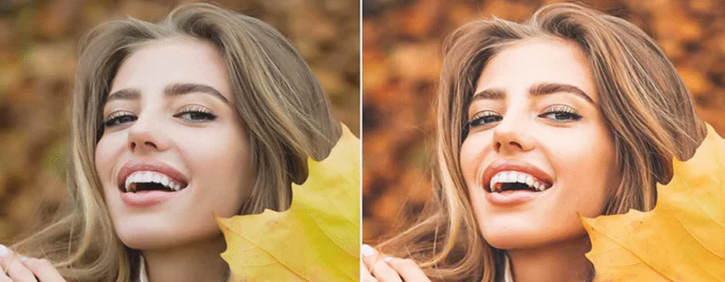 Side-by-side comparison of a woman’s portrait before and after photo retouching with enhanced colors and lighting.