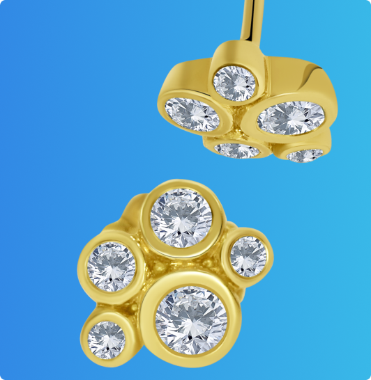 Gold earrings with multiple round diamonds displayed on a blue background