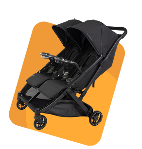 Black double baby stroller isolated on an orange background.