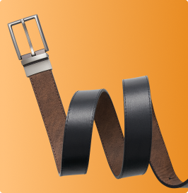 Black leather belt with silver buckle displayed on an orange background