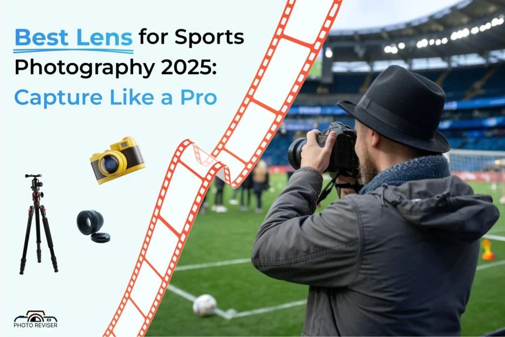 Photographer shooting sports with telephoto lens at stadium