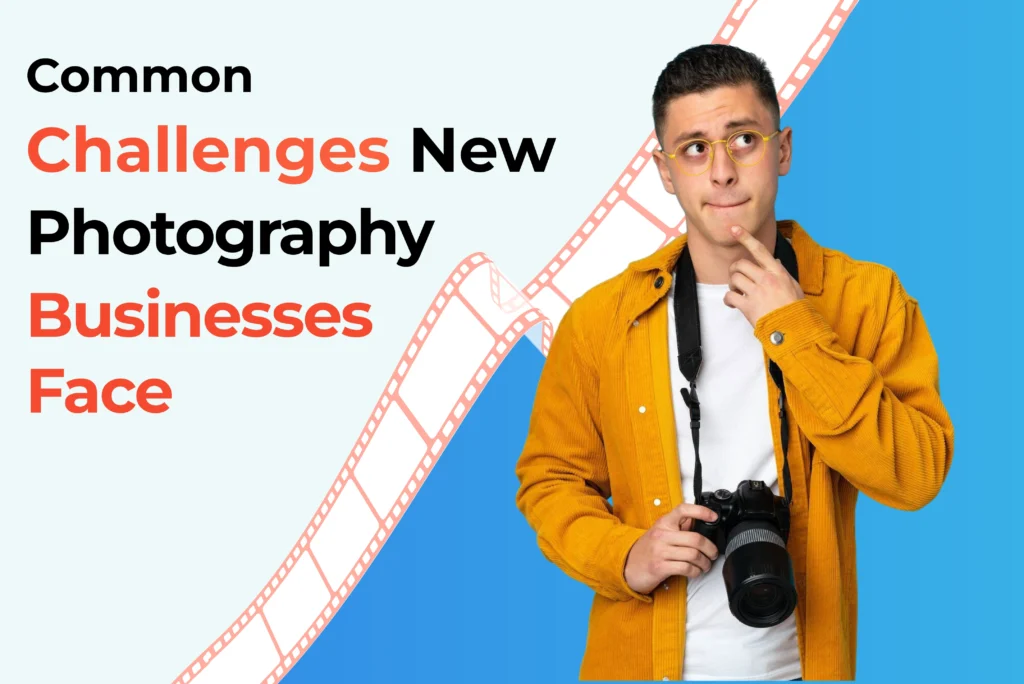 Photographer thinking while holding a camera with text about common challenges.