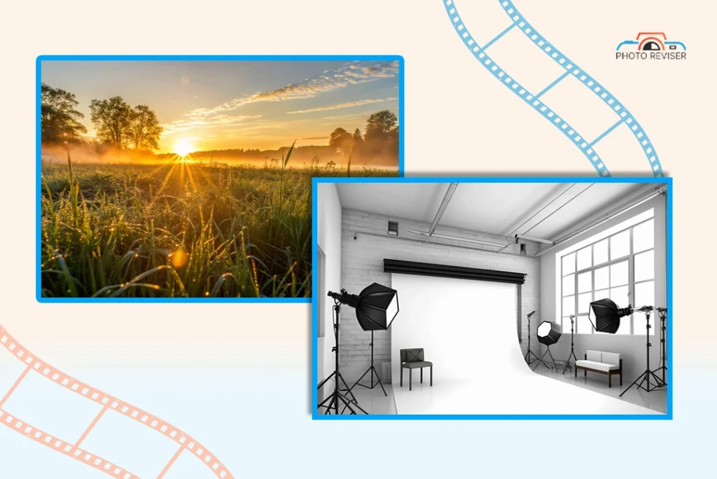 Sunrise and indoor photo studio setup with professional lighting equipment.