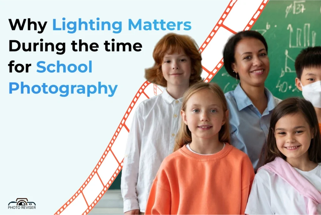 eacher with diverse group of smiling students in a classroom.